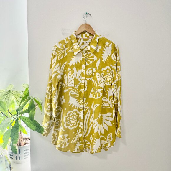 Boden Tops - Boden Yellow Floral Print Linen Button Up Top Size 12 Long
